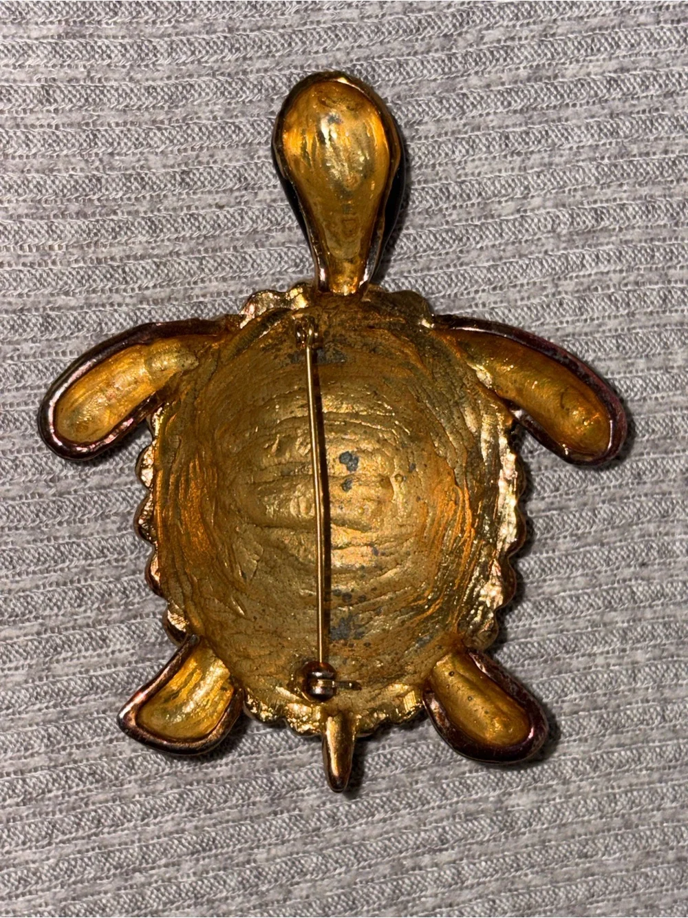 Vintage gold tone & black large turtle brooch w clear rhinestone eyes